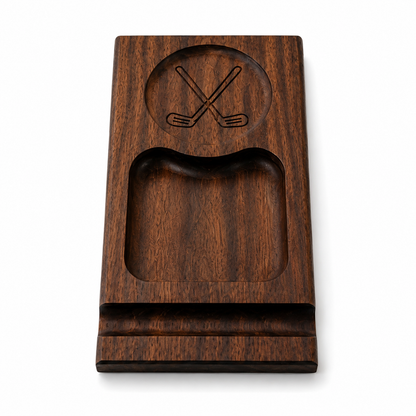 Wooden cigar tray with recesses for a rocks glass, snacks, and a cigar.  Rocks glass area is engraved with a crossed golf clubs design.  