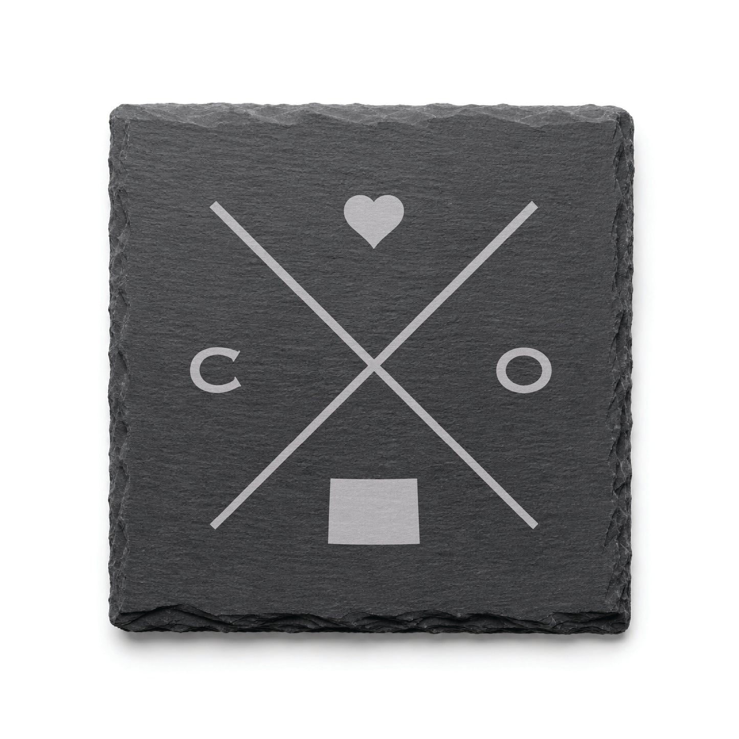 Dark slate coaster with engraved Colorado crossed-line design, heart icon, and Colorado silhouette on a dark background.