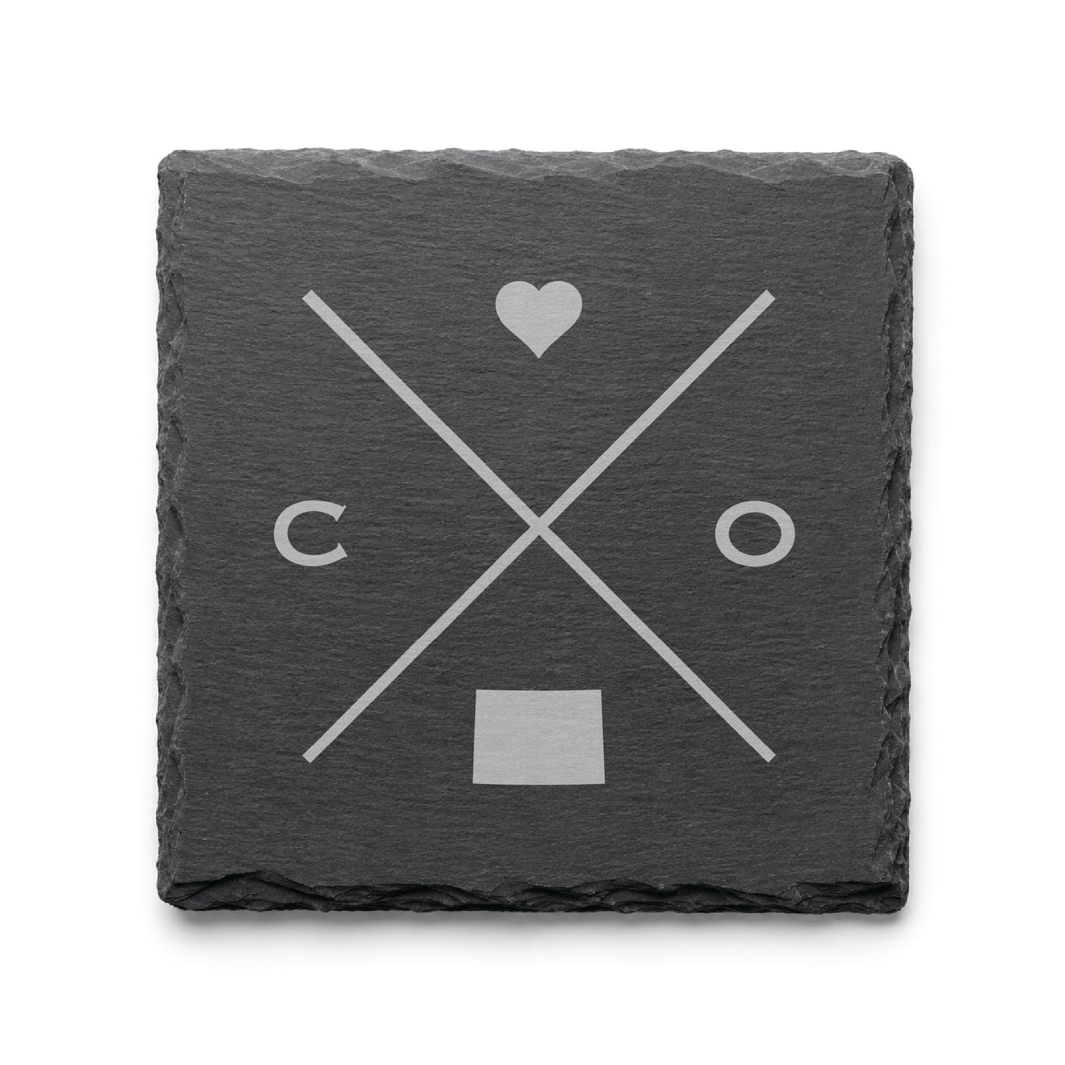 Dark slate coaster with engraved Colorado crossed-line design, heart icon, and Colorado silhouette on a dark background.