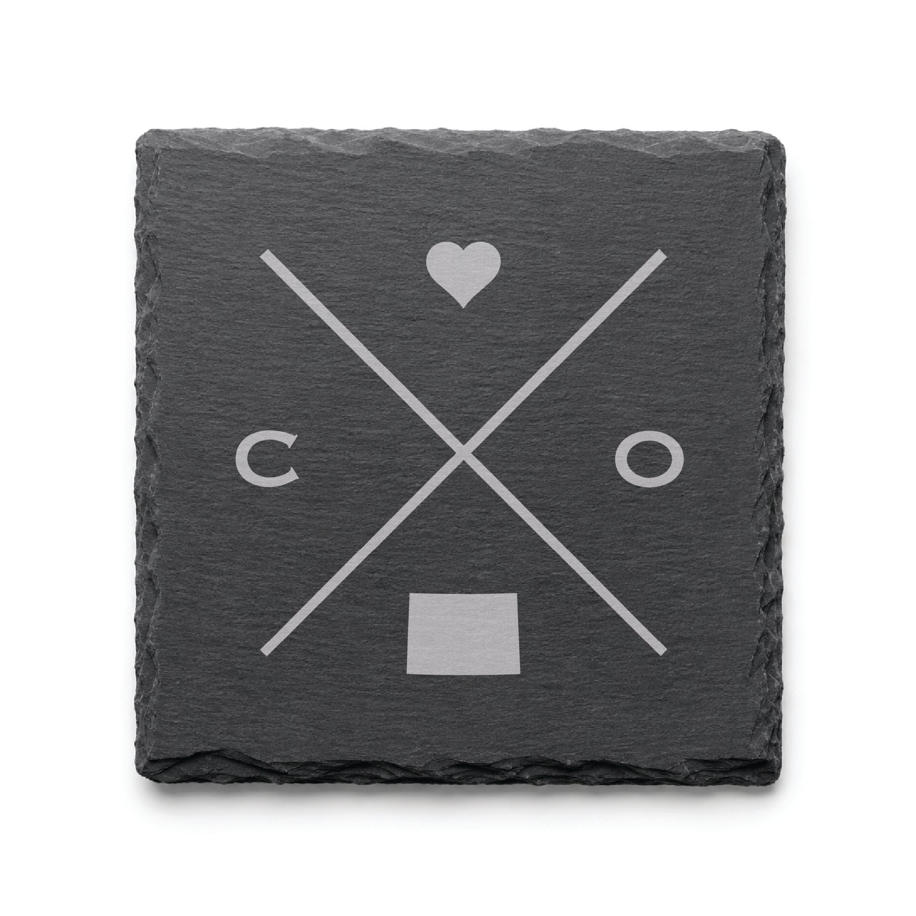 Dark slate coaster with engraved Colorado crossed-line design, heart icon, and Colorado silhouette on a dark background.