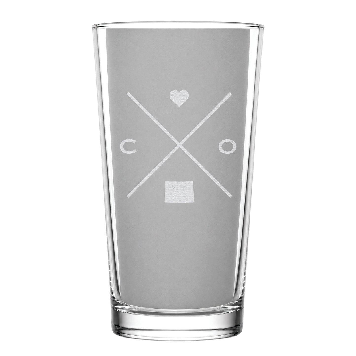 Clear pint glass with engraved Colorado crossed-line design, heart icon, and Colorado silhouette on a clean light background