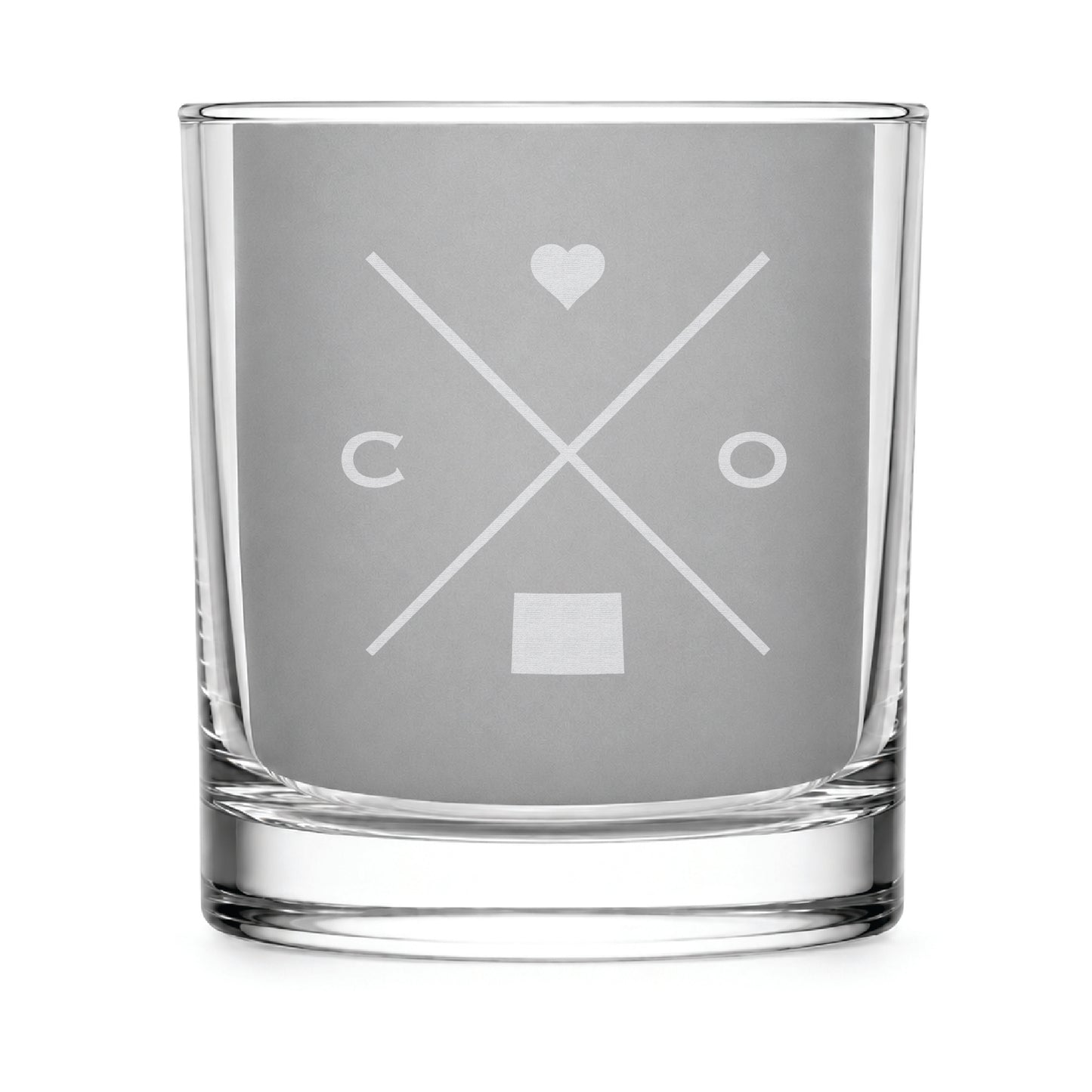 Clear engraved rocks glass featuring a minimalist crossed-line Colorado design with monogram initials, heart icon, and Colorado silhouette on a clean light background.