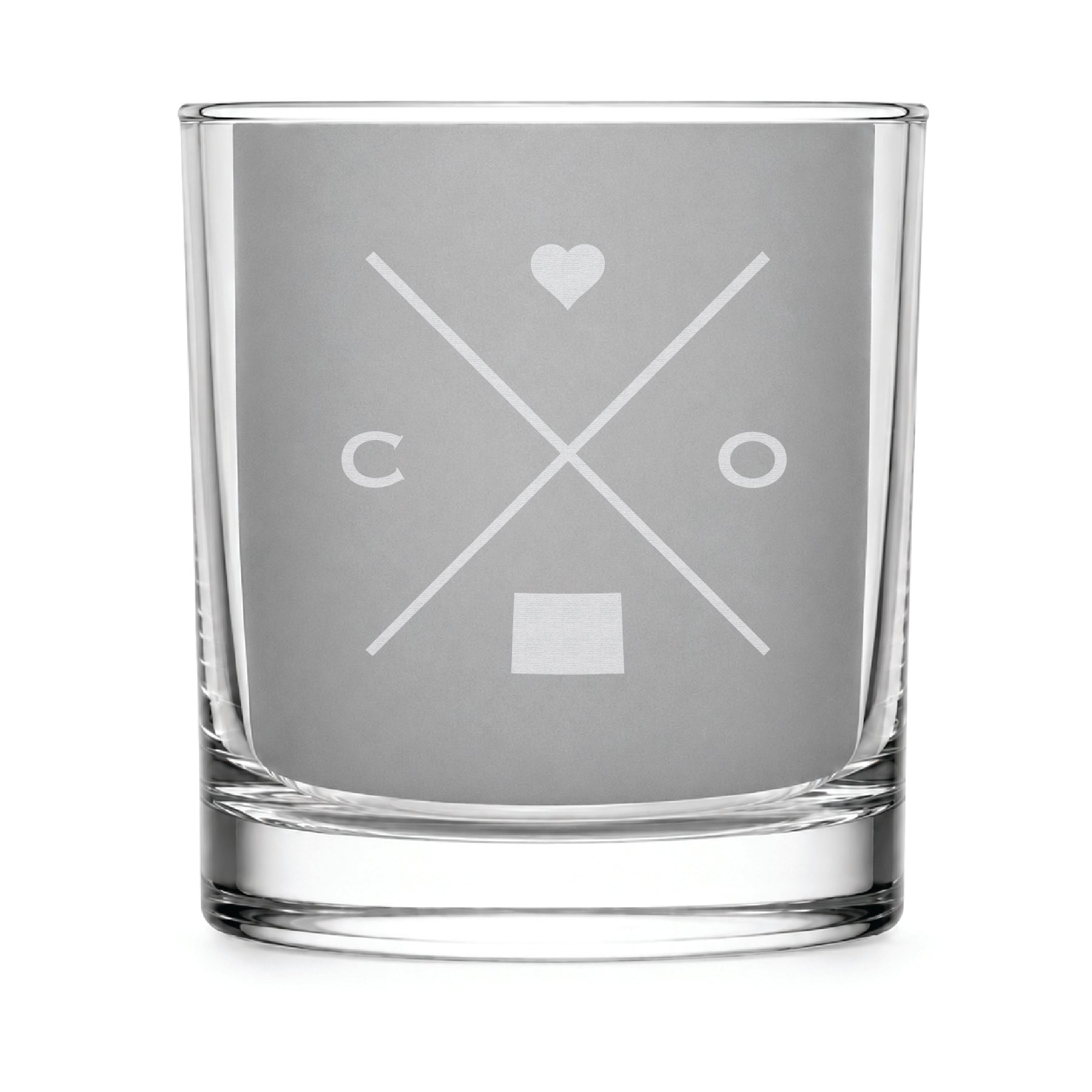 Clear engraved rocks glass featuring a minimalist crossed-line Colorado design with monogram initials, heart icon, and Colorado silhouette on a clean light background.