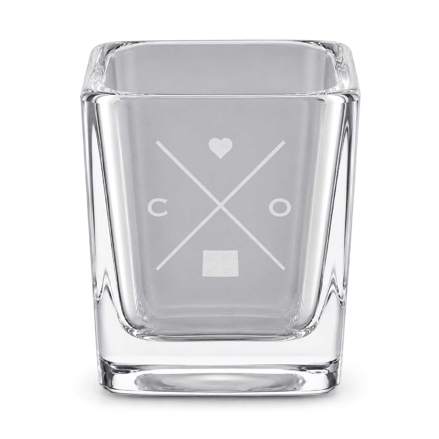 Clear engraved Colorado shot glass featuring a minimalist crossed-line design with heart detail and Colorado silhouette on a clean light background.