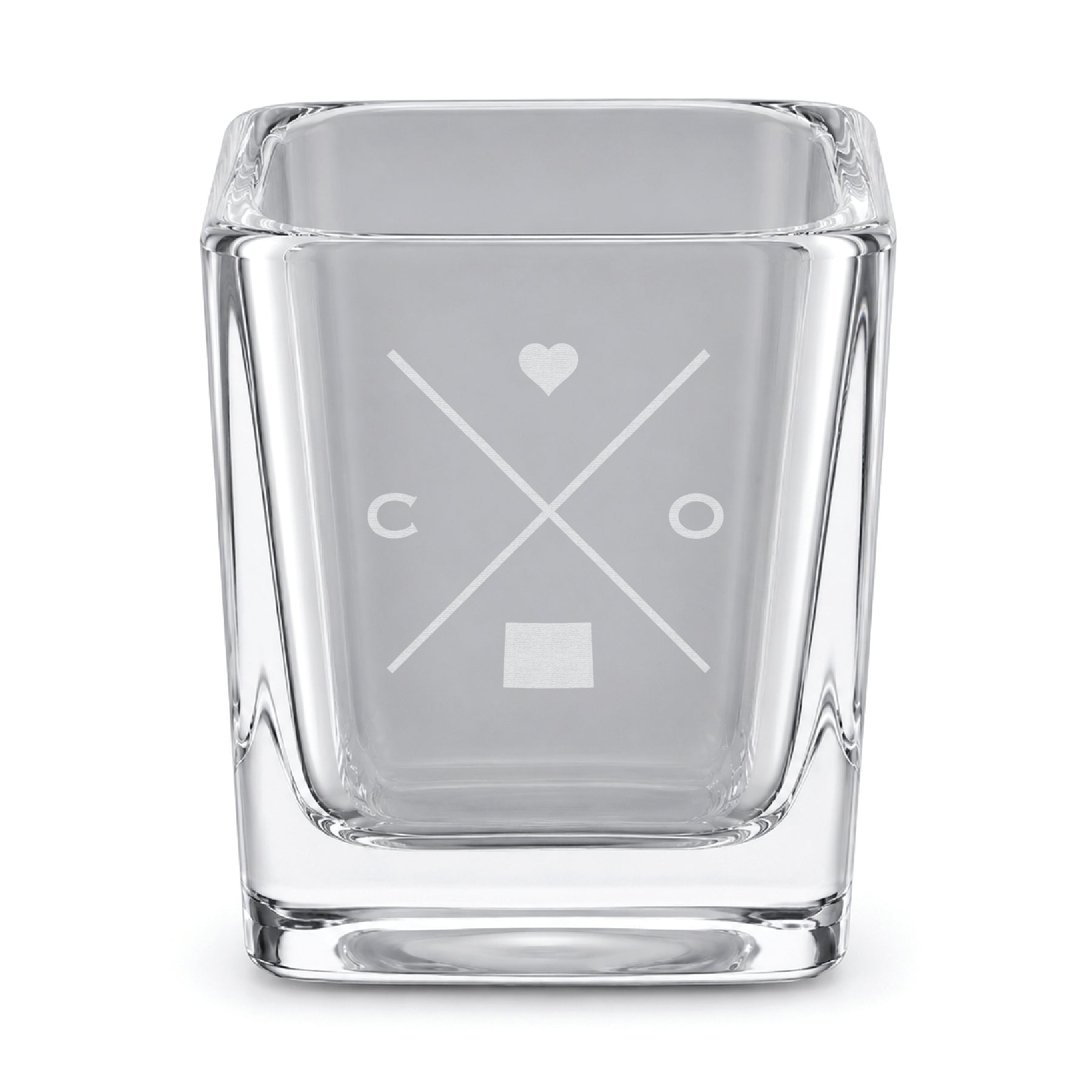 Clear engraved Colorado shot glass featuring a minimalist crossed-line design with heart detail and Colorado silhouette on a clean light background.