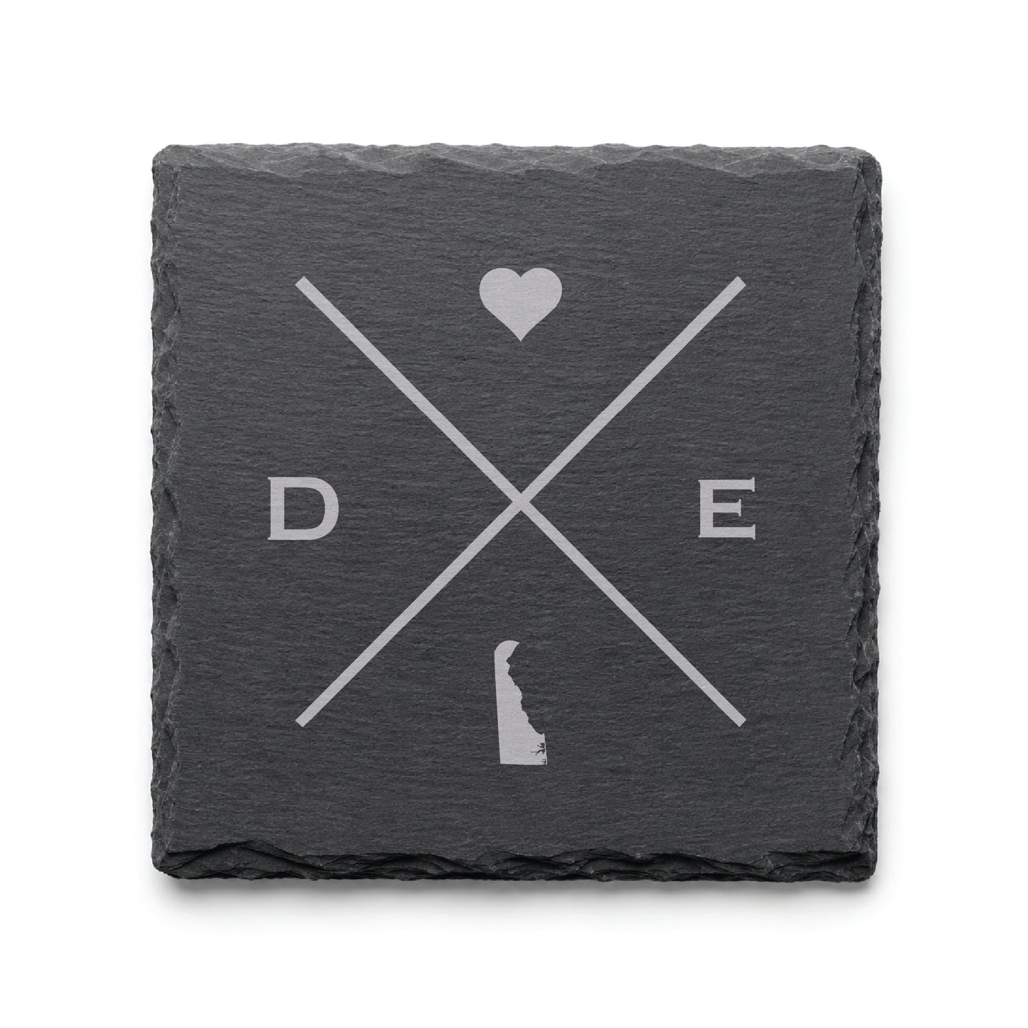 Engraved Delaware slate coaster featuring a minimalist crossed-line design with heart detail and Delaware silhouette on a clean light background.