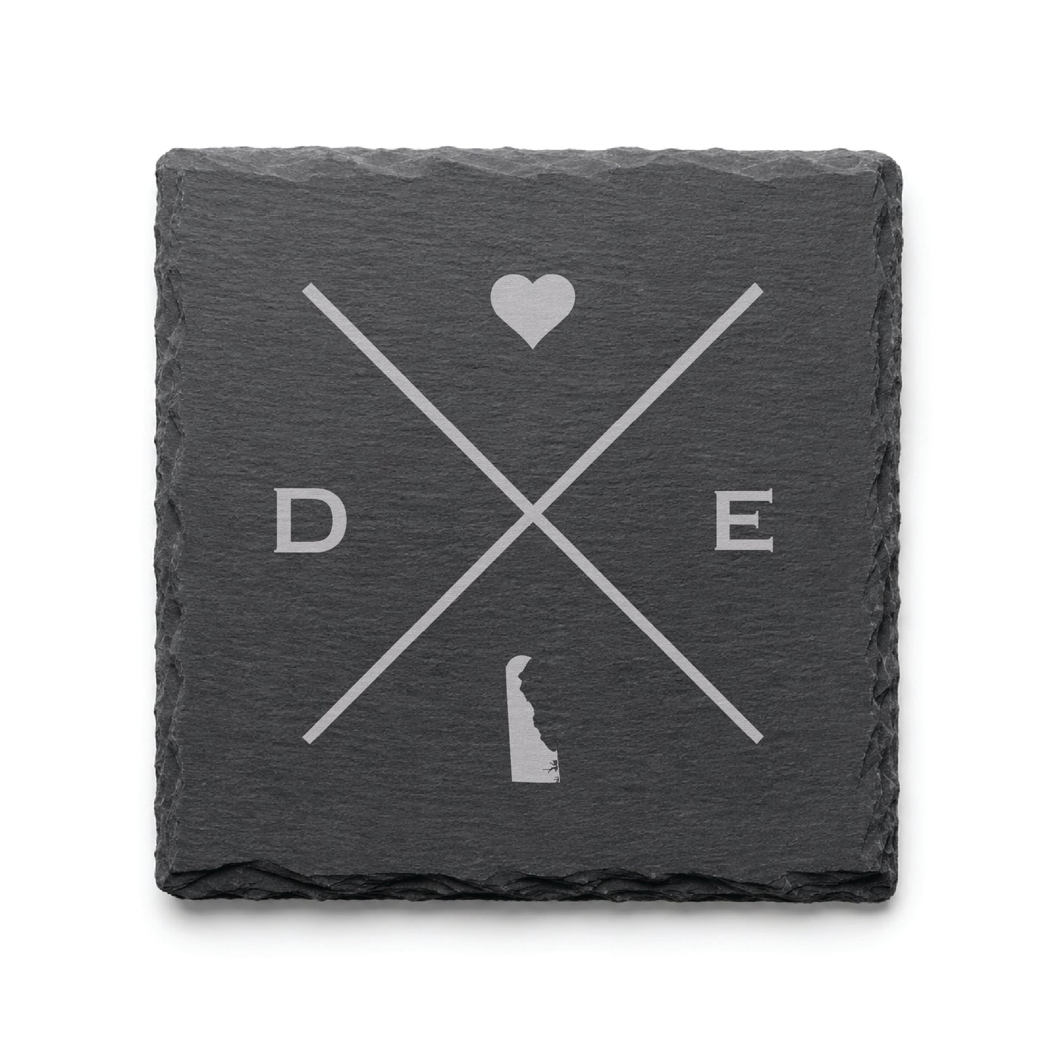 Engraved Delaware slate coaster featuring a minimalist crossed-line design with heart detail and Delaware silhouette on a clean light background.