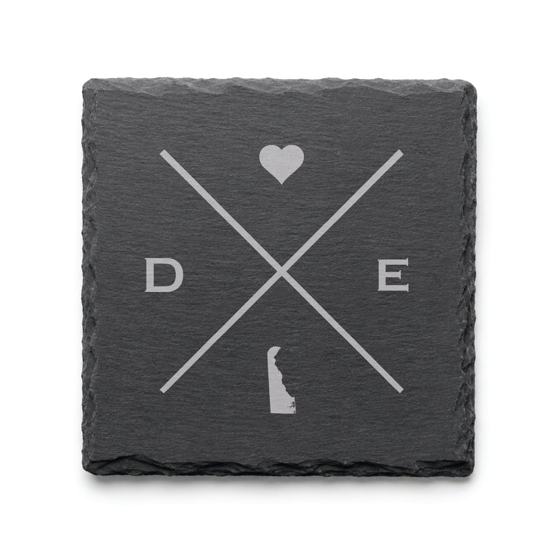 Engraved Delaware slate coaster featuring a minimalist crossed-line design with heart detail and Delaware silhouette on a clean light background.