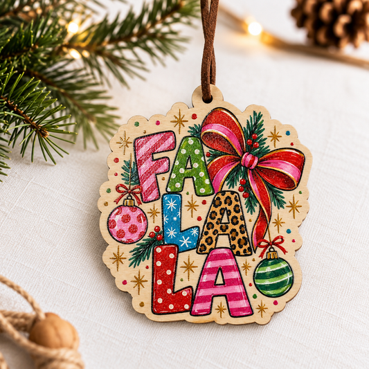 A scalloped wooden Christmas ornament featuring the word 'FA LA LA' in colorful patterned letters, decorated with a large red bow, ornaments, pine branches, and gold star accents, hanging by a brown string on a white fabric background with holiday decor.