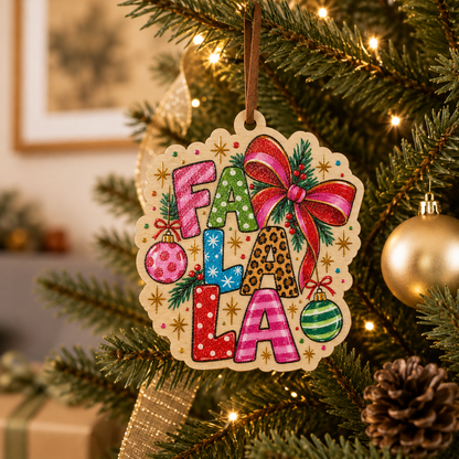 A festive wooden Christmas ornament spelling 'FA LA LA' hangs on a decorated Christmas tree. The ornament features colorful patterned letters, a pink bow, pine branches, and gold star accents, with warm string lights and other ornaments visible in the softly blurred background.