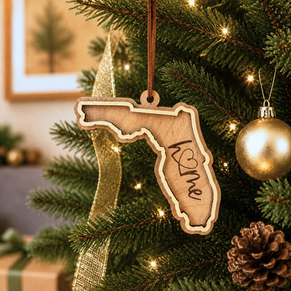 Layered Florida “home” ornament hanging on a decorated Christmas tree with warm white lights, pinecones, and gold ornaments.