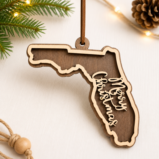 Wooden Christmas ornament shaped like Florida with 'Merry Christmas' text, surrounded by festive decorations.