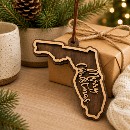 Wooden ornament shaped like the state of Florida with 'Merry Christmas' text, placed on a gift box with festive background.