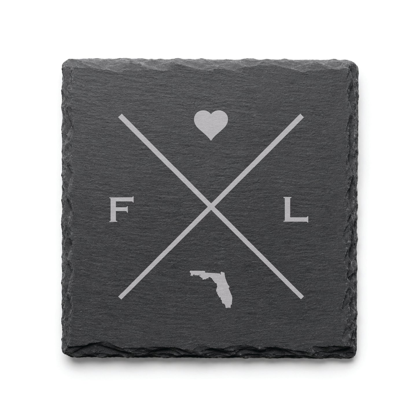Engraved Florida slate coaster featuring a minimalist crossed-line design with heart detail and Florida silhouette on a clean light background.
