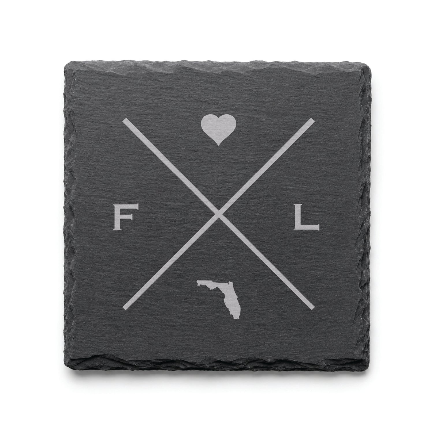 Engraved Florida slate coaster featuring a minimalist crossed-line design with heart detail and Florida silhouette on a clean light background.