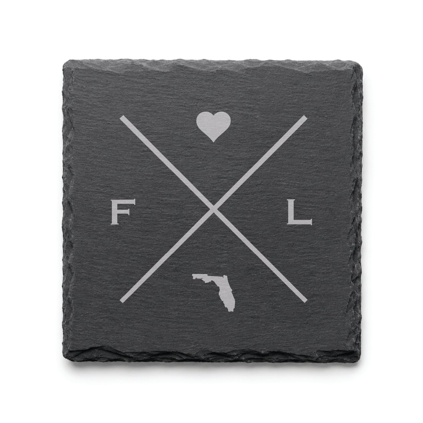Engraved Florida slate coaster featuring a minimalist crossed-line design with heart detail and Florida silhouette on a clean light background.