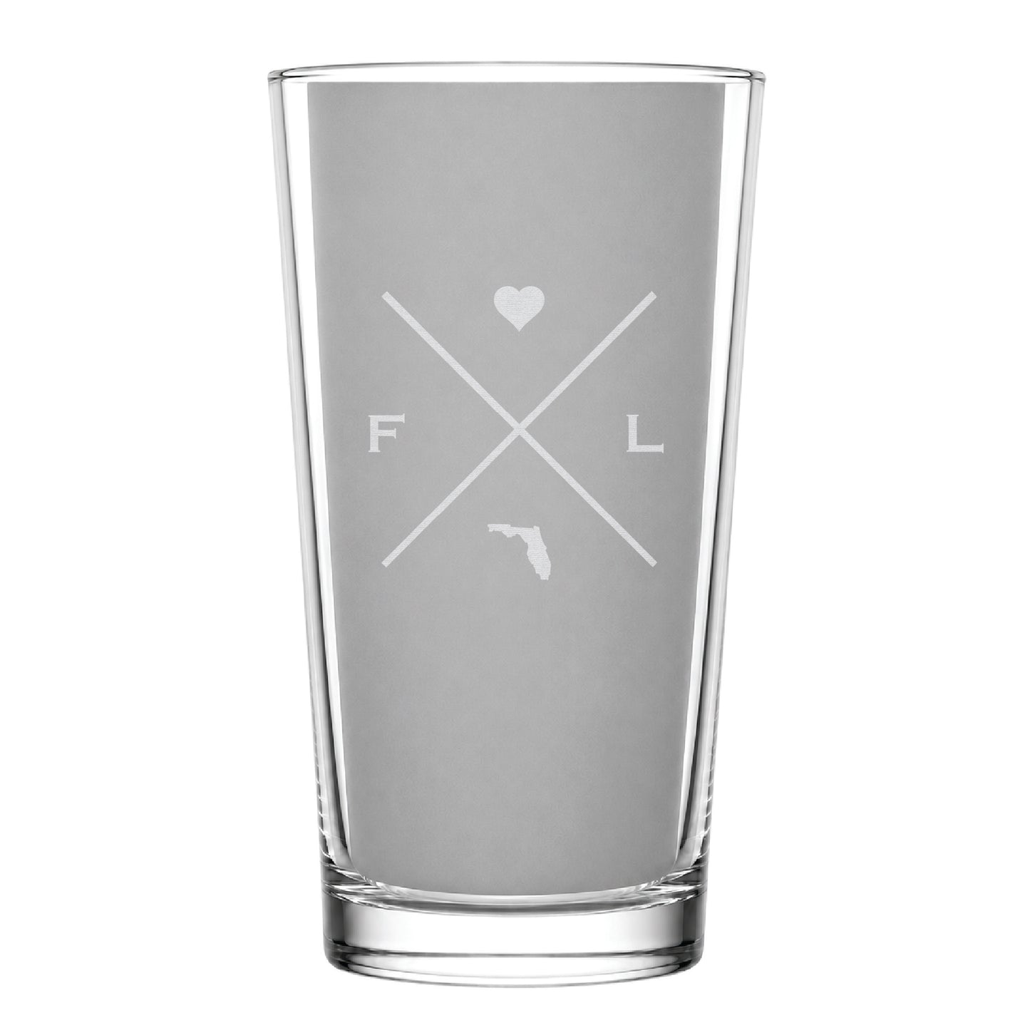 Clear pint glass with engraved Florida crossed-line design, heart icon, and Florida silhouette on a clean light background