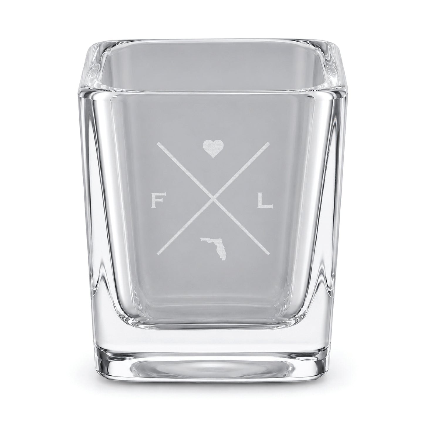 Clear engraved Florida shot glass featuring a minimalist crossed-line design with heart detail and Florida silhouette on a clean light background.