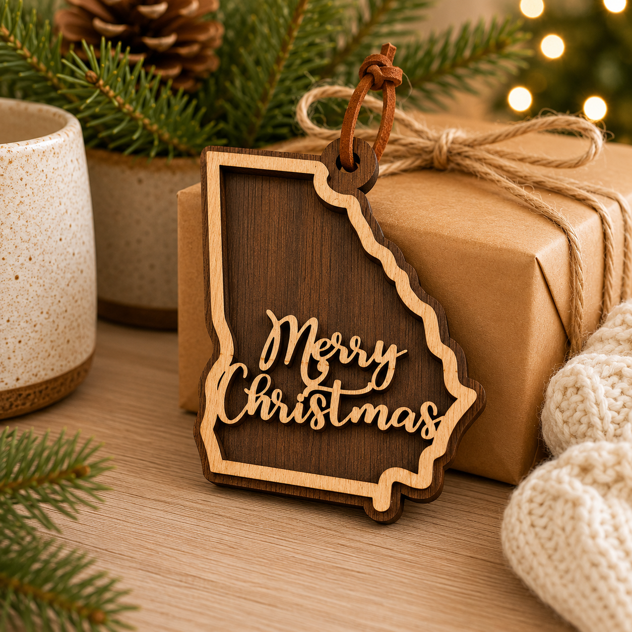 Wooden 'Merry Christmas' Georgia ornament on a wrapped gift with festive background