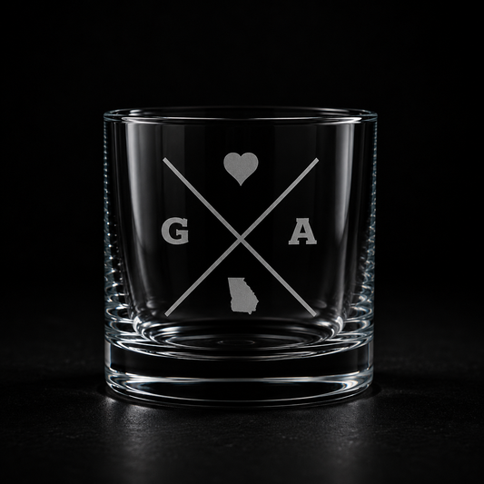 Engraved Georgia rocks glass with frosted Georgia silhouette and crossed-letter monogram on a dark background.