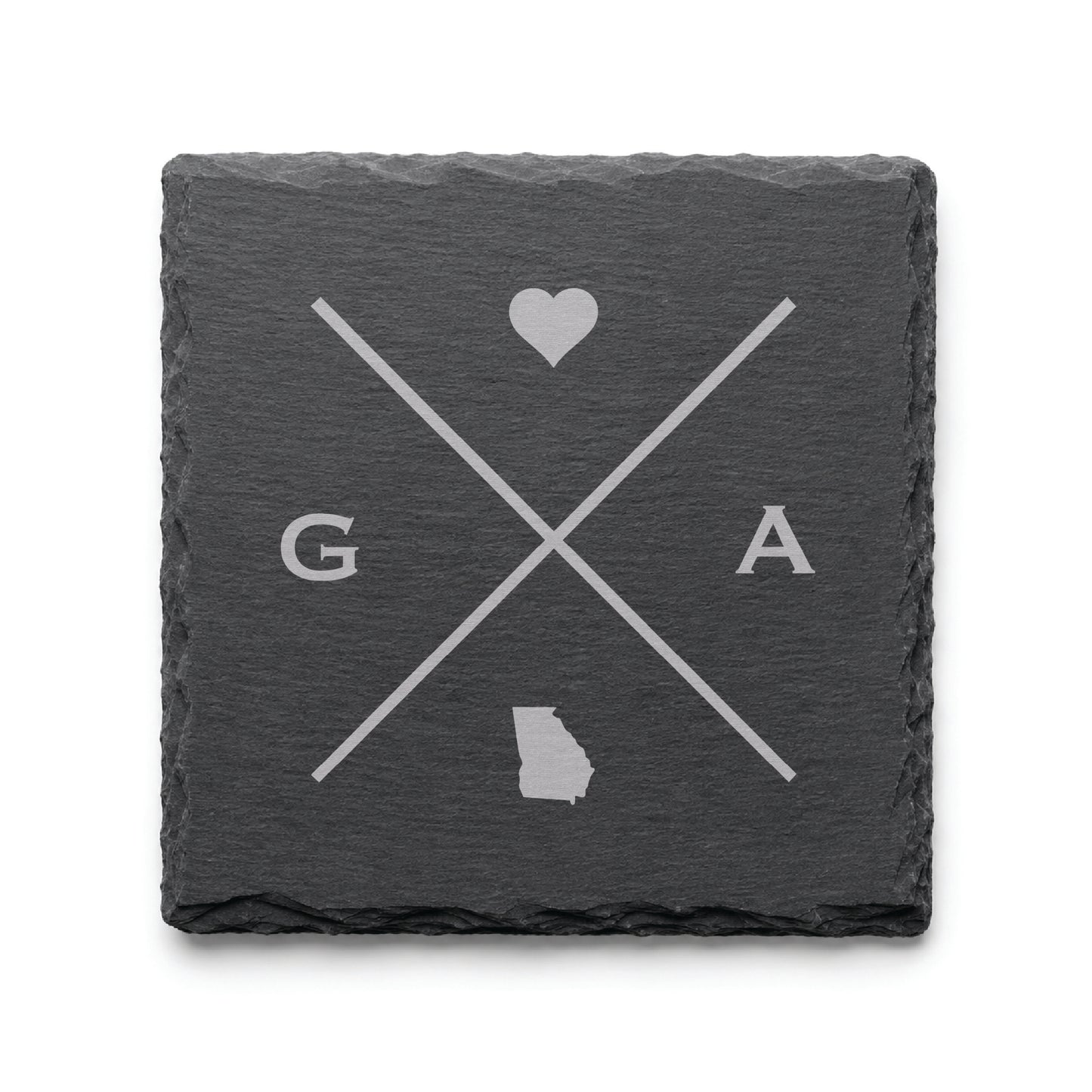 Engraved Georgia slate coaster featuring a minimalist crossed-line design with heart detail and Georgia silhouette on a clean light background.