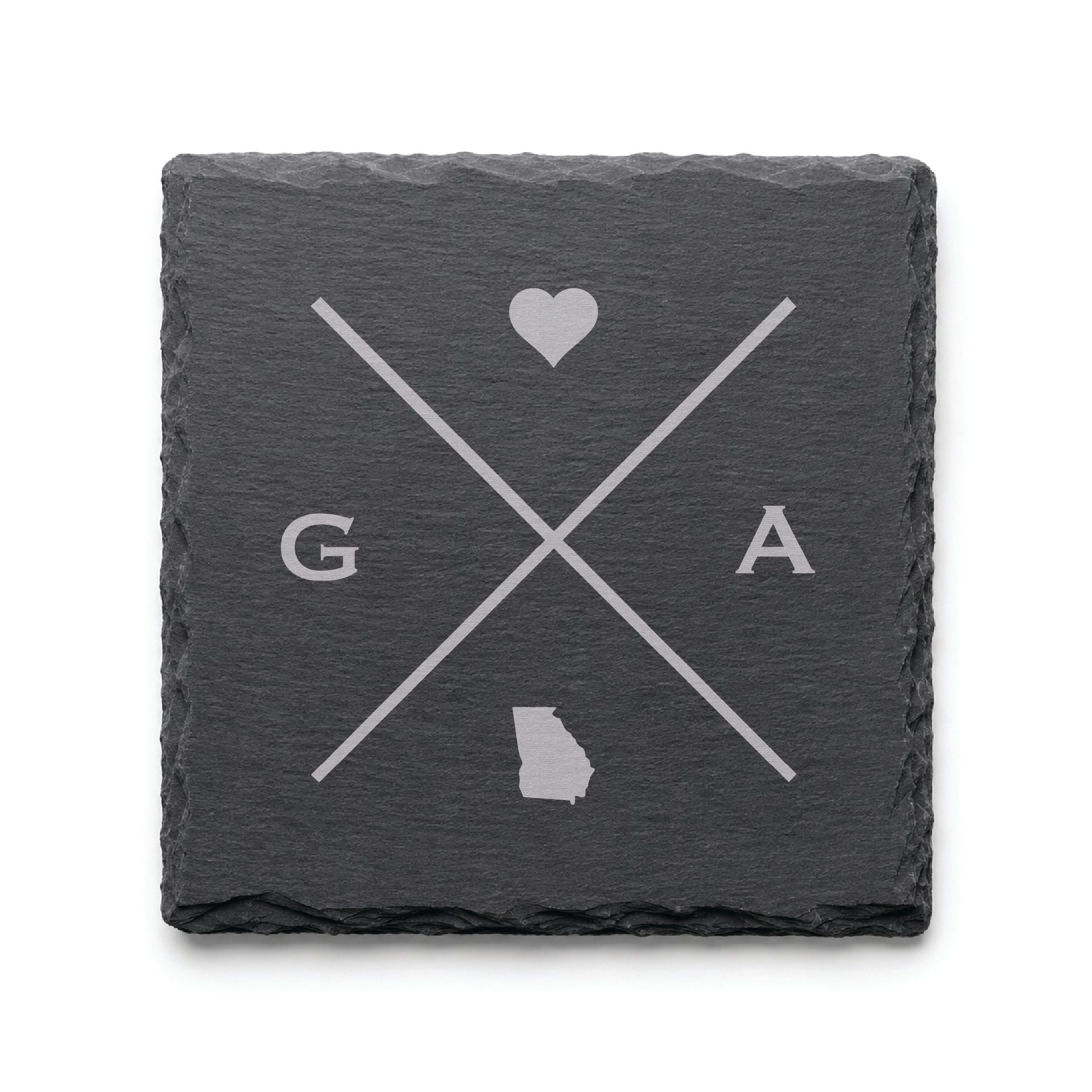 Engraved Georgia slate coaster featuring a minimalist crossed-line design with heart detail and Georgia silhouette on a clean light background.