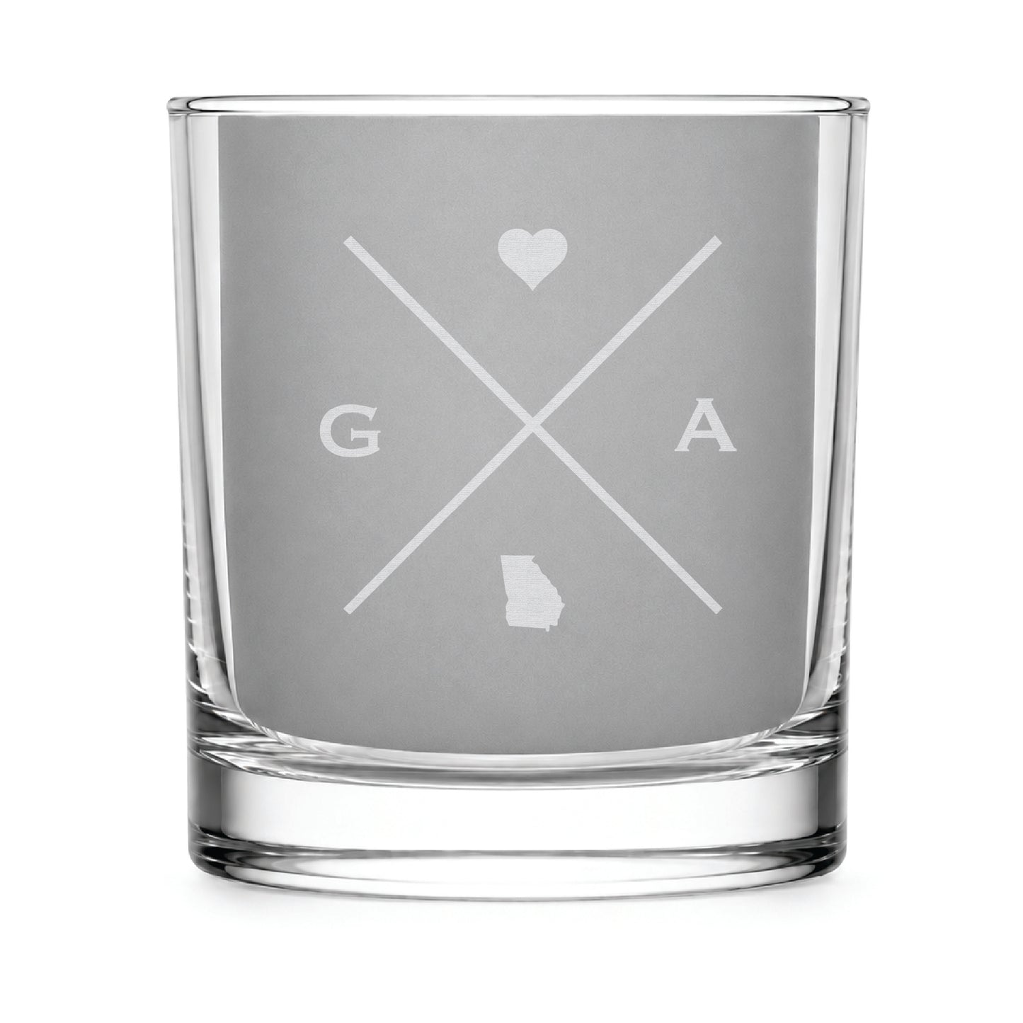 Clear engraved rocks glass featuring a minimalist crossed-line Georgia design with monogram initials, heart icon, and Georgia silhouette on a clean light background.