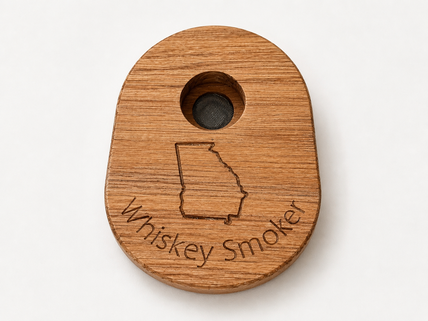 White Oak wooden whiskey smoker engraved with Georgia state outline and “whiskey smoker” text with mesh insert in center.