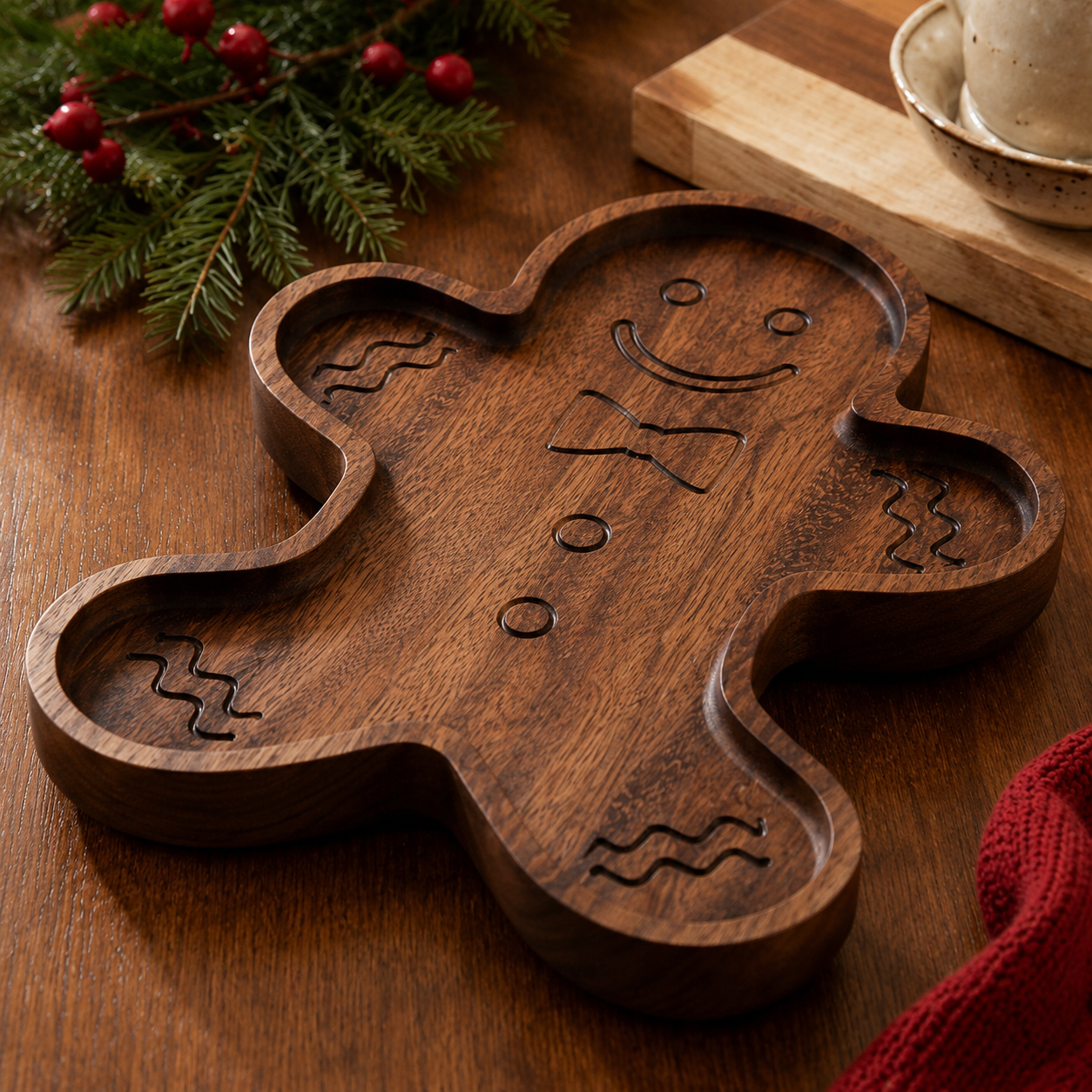 Close-up lifestyle image of a wood gingerbread snack tray on a warm wood tabletop with evergreen branches, ceramic drinkware, and festive holiday styling.