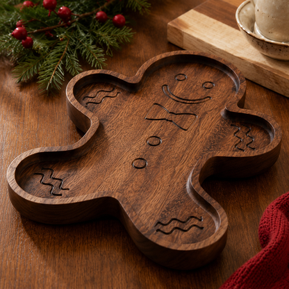 Close-up lifestyle image of a wood gingerbread snack tray on a warm wood tabletop with evergreen branches, ceramic drinkware, and festive holiday styling.