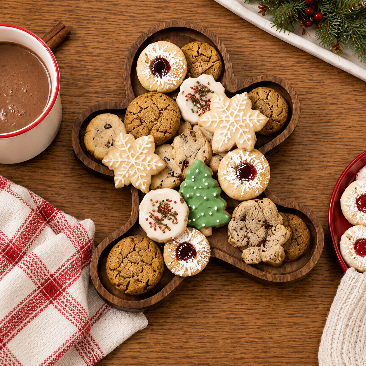 Gingerbread snack tray filled with assorted holiday cookies and pastries, styled on a warm wood tabletop with festive seasonal accents.
