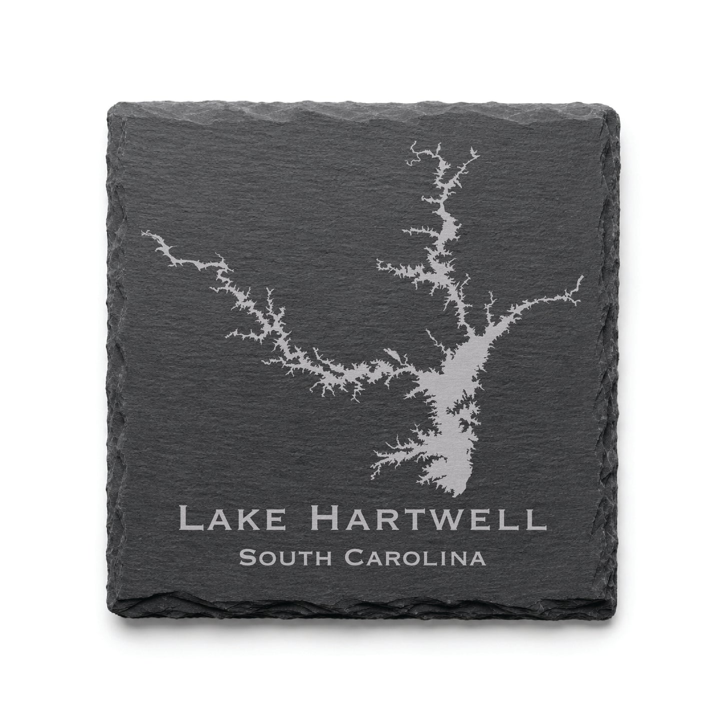 Engraved Lake Hartwell slate coaster featuring a detailed lake map design with South Carolina text on a clean light background.