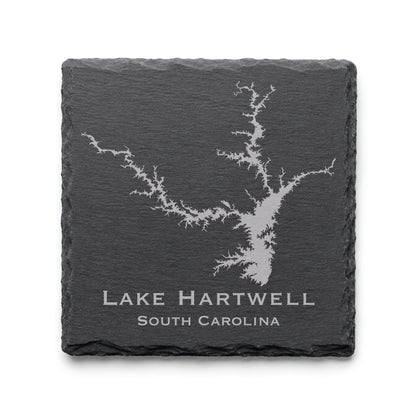 Engraved Lake Hartwell slate coaster featuring a detailed lake map design with South Carolina text on a clean light background.