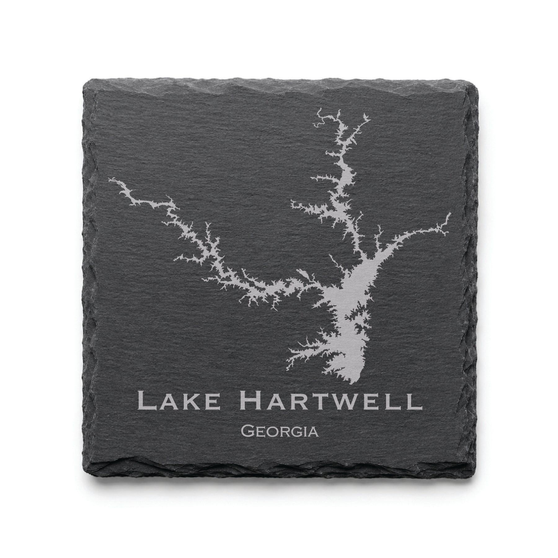 Engraved Lake Hartwell slate coaster featuring a detailed lake map design with Georgia text on a clean light background.