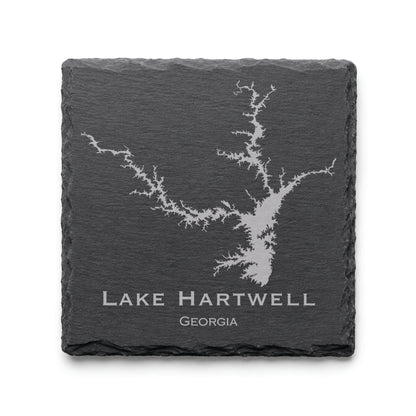 Engraved Lake Hartwell slate coaster featuring a detailed lake map design with Georgia text on a clean light background.