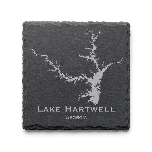 Engraved Lake Hartwell slate coaster featuring a detailed lake map design with Georgia text on a clean light background.