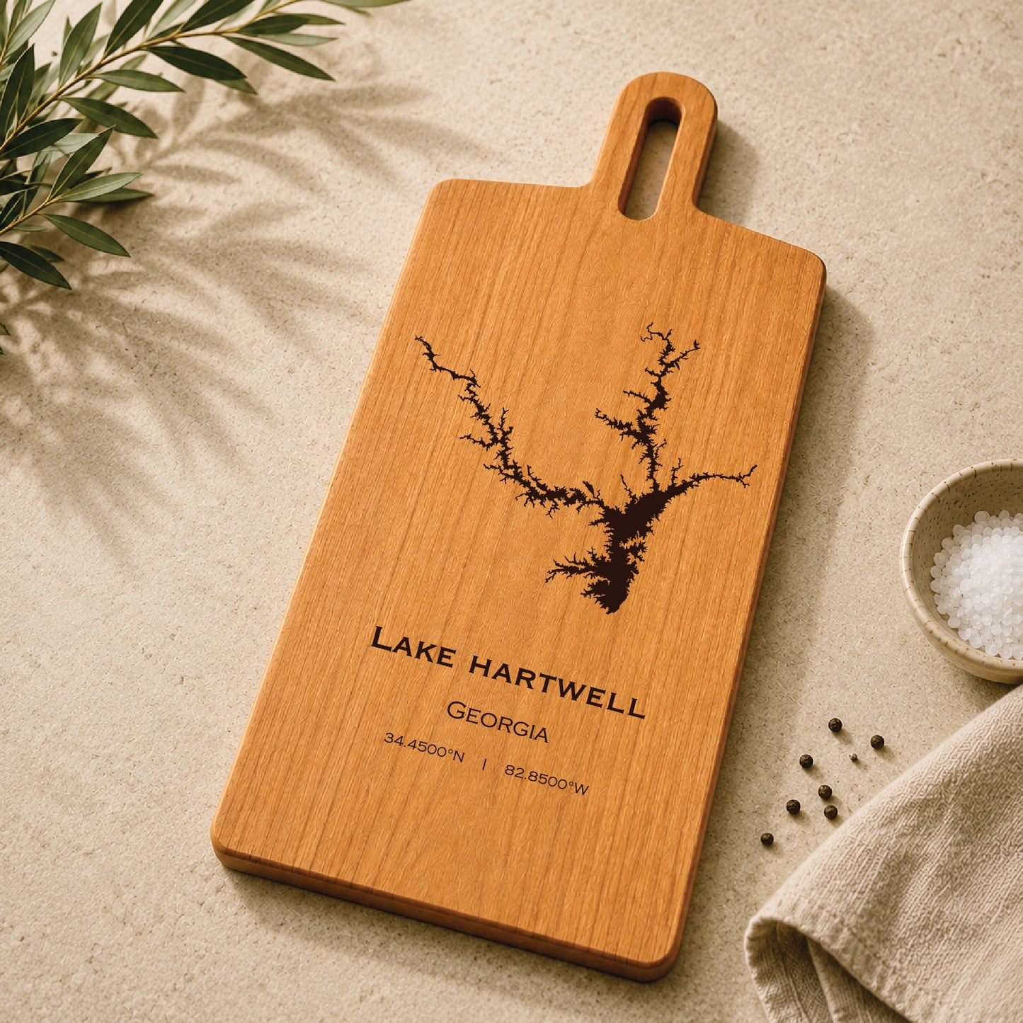 Lake Hartwell cherry serving board with engraved Georgia lake map styled with kitchen accents