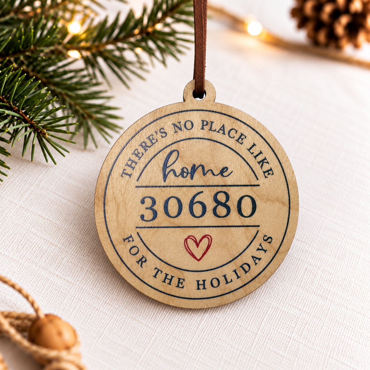 A round wooden hanging ornament with a brown ribbon loop, engraved with the phrase “There’s no place like home 30680 for the holidays” and a small red heart, shown on a light fabric surface with pine branches and warm string lights in the background.