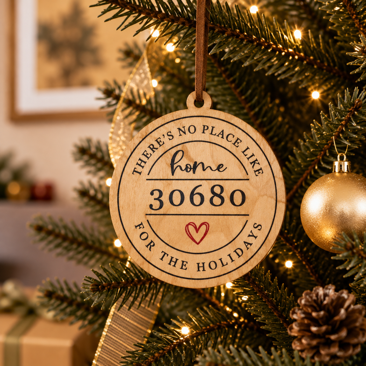 A round wooden Christmas ornament hanging on a decorated tree, with the engraved text 'There's no place like home 30680 for the holidays' and a small red heart.
