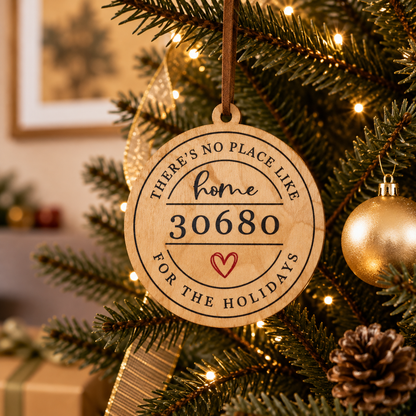 A round wooden Christmas ornament hanging on a decorated tree, with the engraved text 'There's no place like home 30680 for the holidays' and a small red heart.