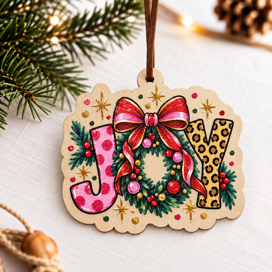 A scalloped wooden Christmas ornament spelling 'JOY' with festive painted details, hanging by a brown ribbon on a light fabric surface with pine branches and warm string lights in the background.