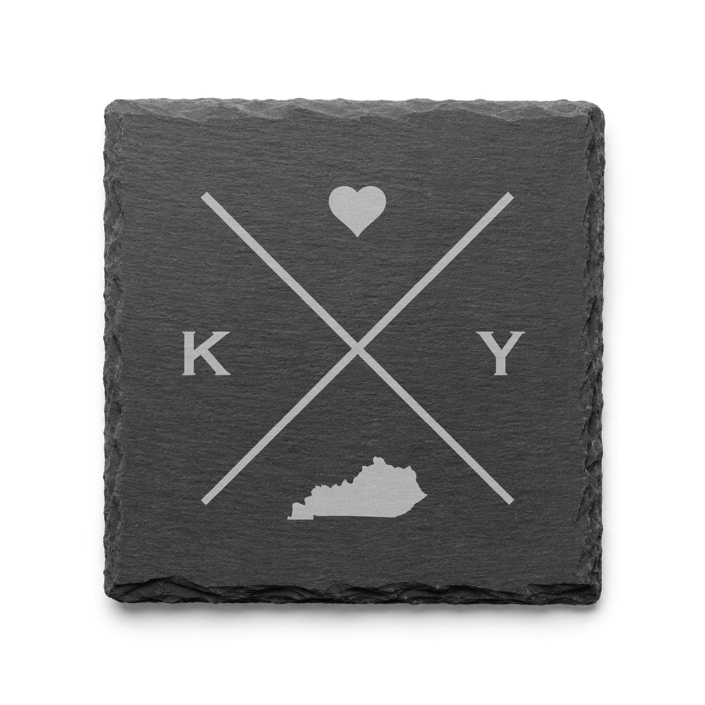 Engraved Kentucky slate coaster featuring a minimalist crossed-line design with heart detail and Kentucky silhouette on a clean light background.v