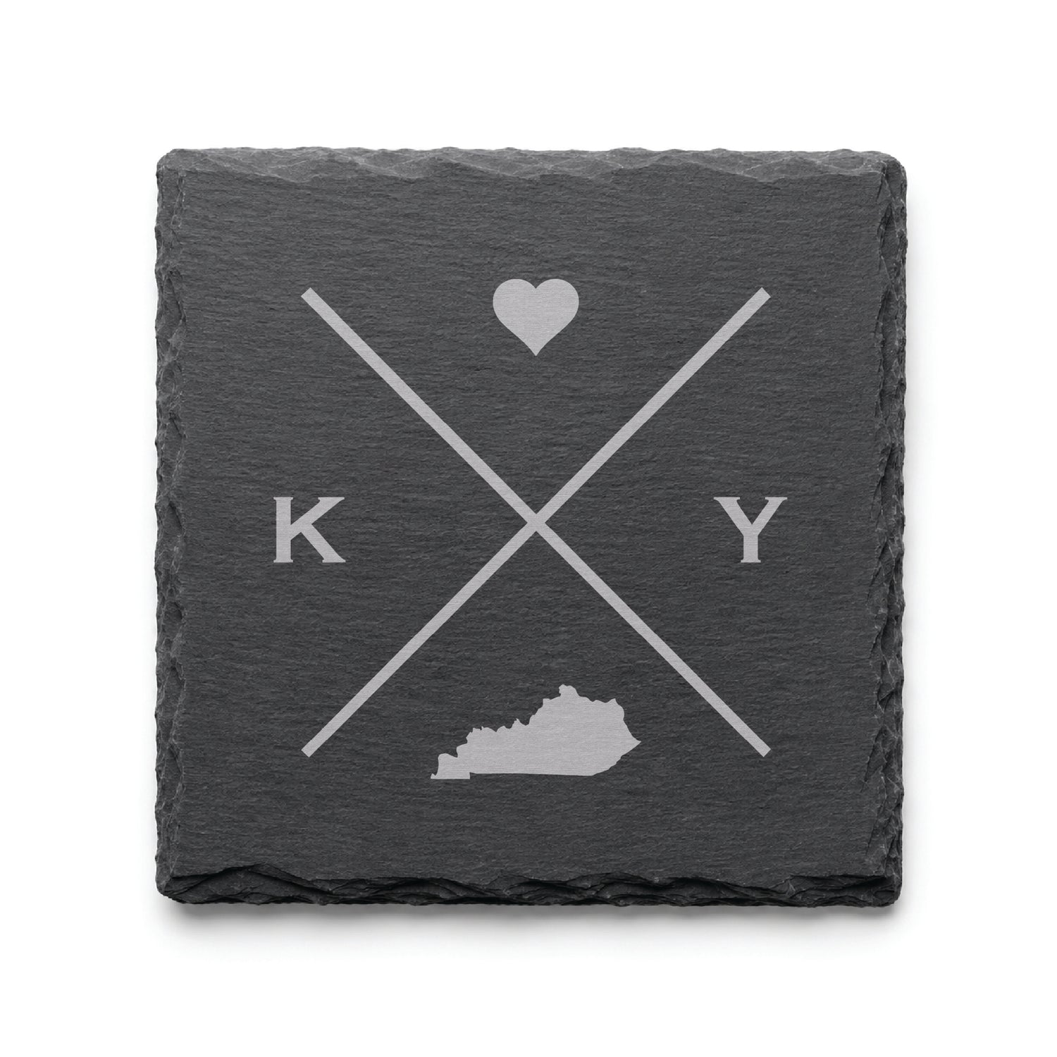 Engraved Kentucky slate coaster featuring a minimalist crossed-line design with heart detail and Kentucky silhouette on a clean light background.v