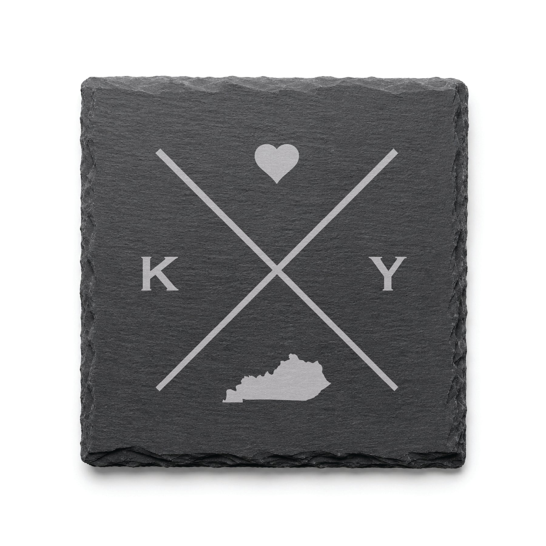 Engraved Kentucky slate coaster featuring a minimalist crossed-line design with heart detail and Kentucky silhouette on a clean light background.v