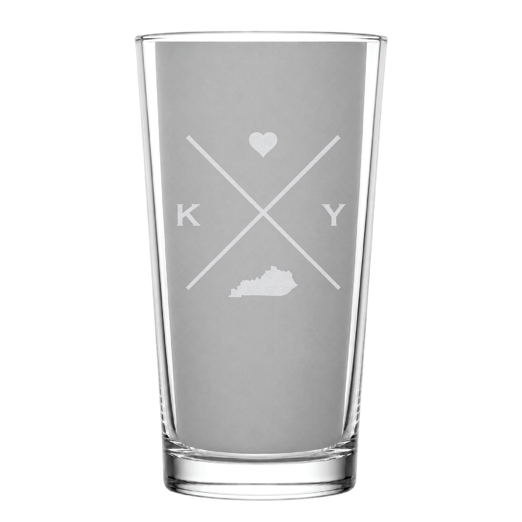 Clear pint glass with engraved Kentucky crossed-line design, heart icon, and Kentucky silhouette on a clean light background