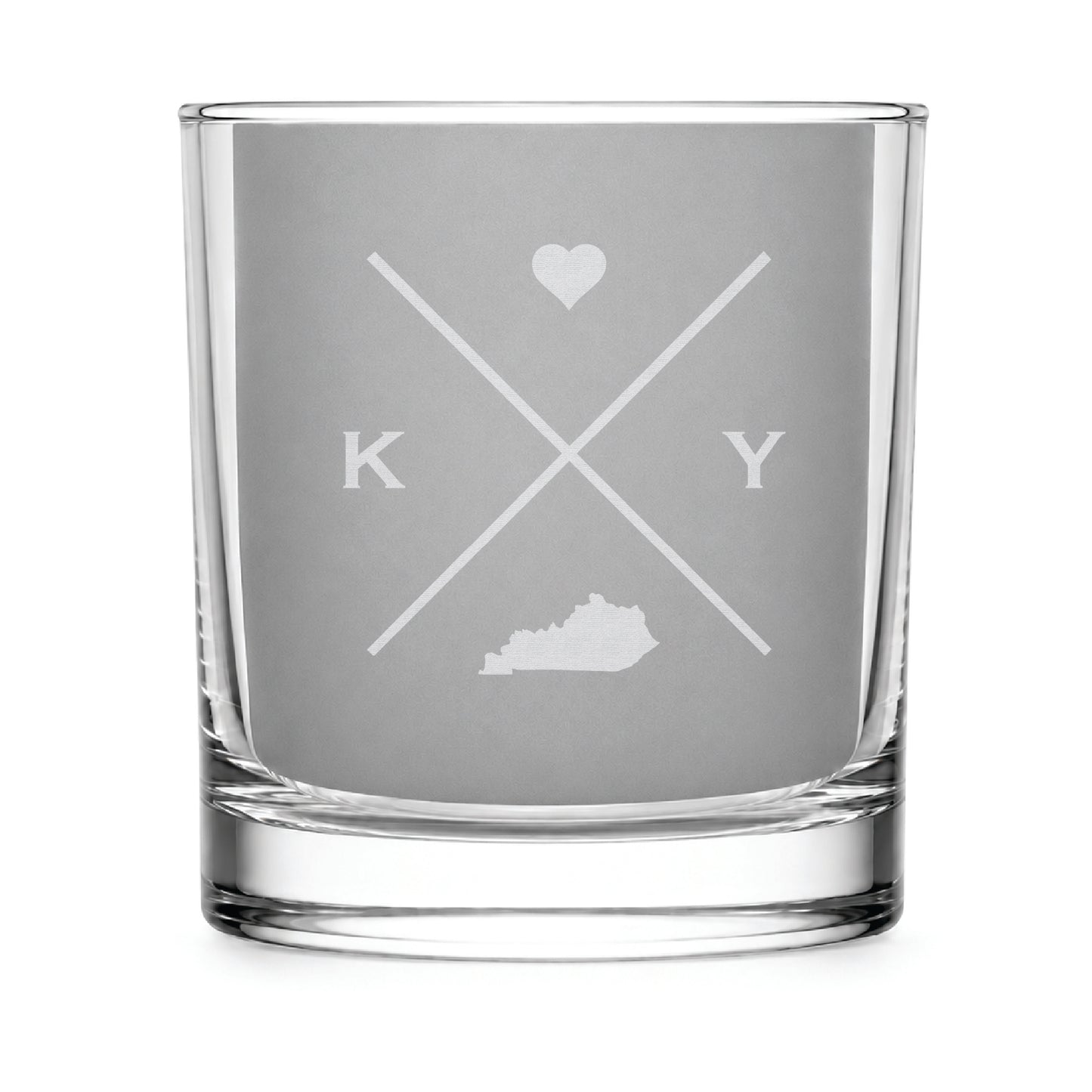 Clear engraved rocks glass featuring a minimalist crossed-line Kentucky design with monogram initials, heart icon, and Kentucky silhouette on a clean light background.