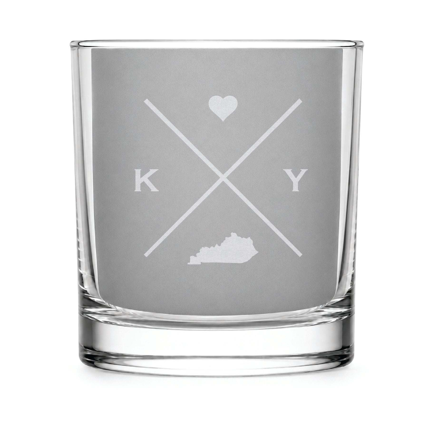 Clear engraved rocks glass featuring a minimalist crossed-line Kentucky design with monogram initials, heart icon, and Kentucky silhouette on a clean light background.
