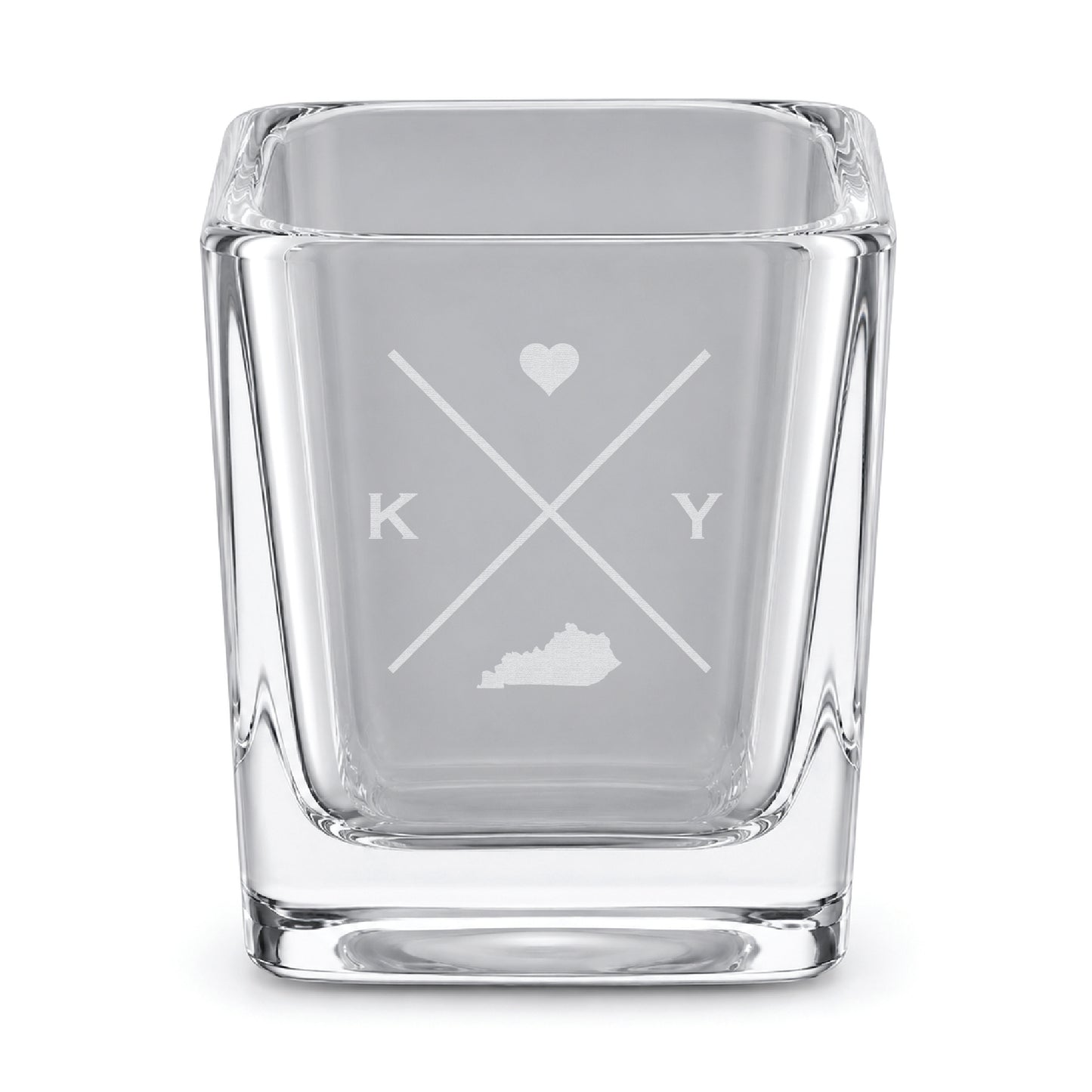 Clear engraved Kentucky shot glass featuring a minimalist crossed-line design with heart detail and Kentucky silhouette on a clean light background.