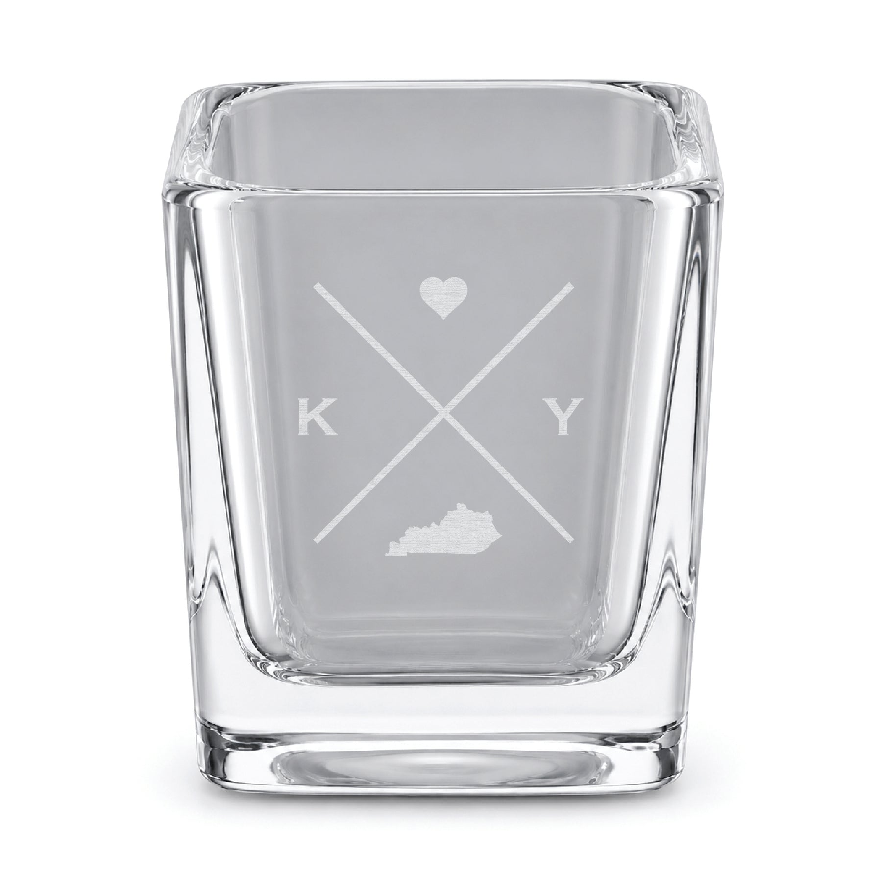 Clear engraved Kentucky shot glass featuring a minimalist crossed-line design with heart detail and Kentucky silhouette on a clean light background.