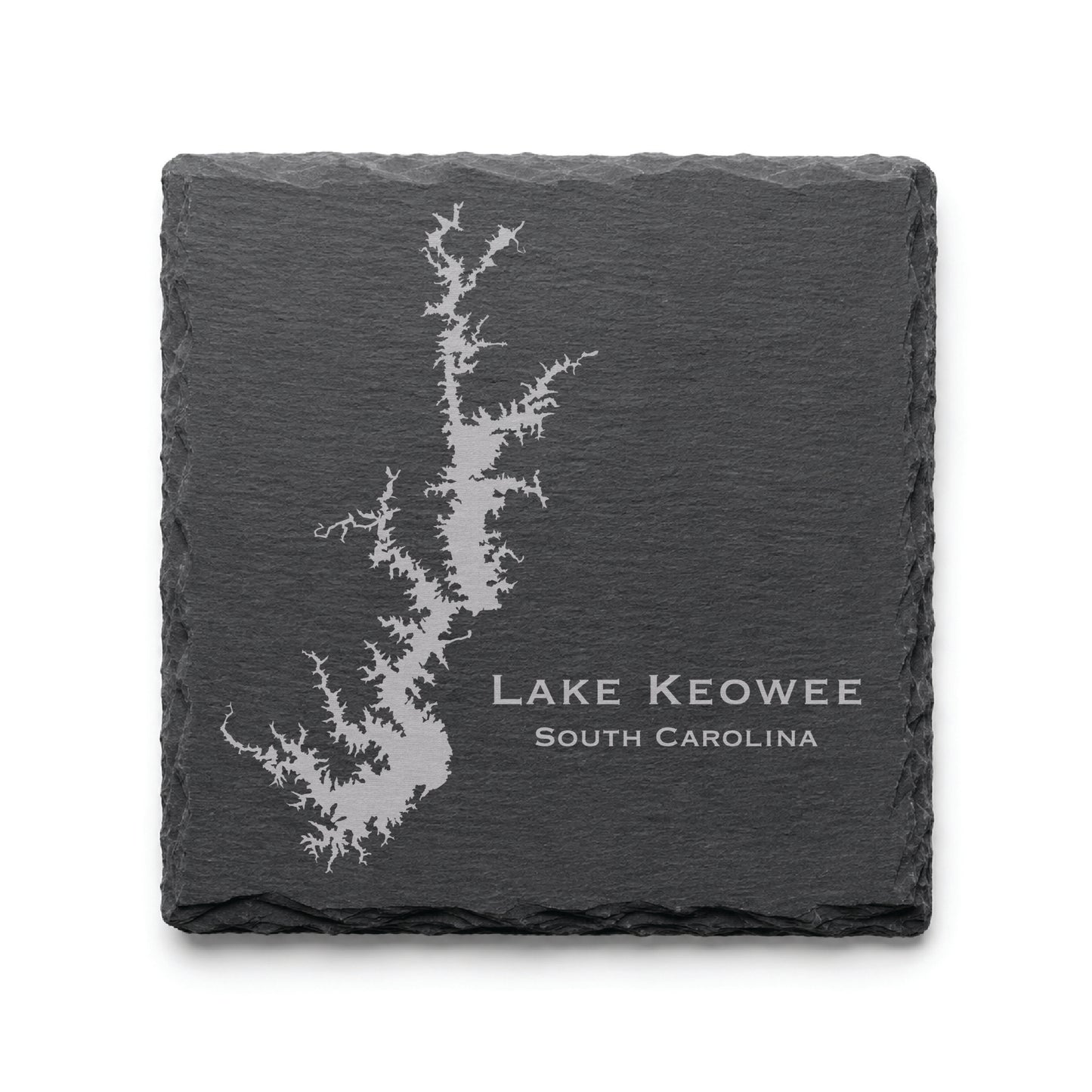 Engraved Lake Keowee slate coaster featuring a detailed lake map design with South Carolina text on a clean light background.